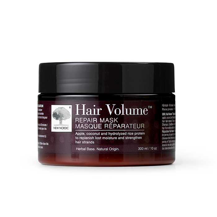 New Nordic Hair Volume™ Repair Mask med æble, kokos og hydrolyseret risprotein, der hjælper med at genoprette hårets fugt og styrke.