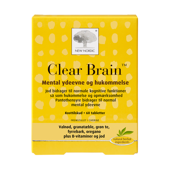 di_webpackshot_clearbrain_60_dk_front-copy New Nordic Clear Brain™ med valnød, granatæble, grøn te, fyrrebark, B-vitaminer og jod bidrager til normale kognitive funktioner såsom hukommelse og opmærksomhed samt normal mental ydeevne.