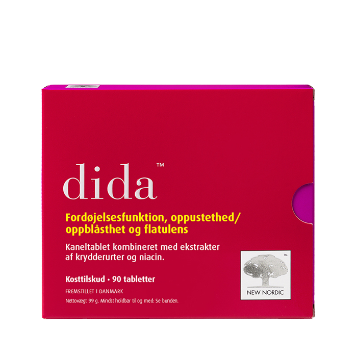 di_webpackshot_dida_90_dk_front New Nordic Dida™ kosttilskud med kanel, pebermynte og fennikel, der fremmer fordøjelsen og lindrer oppustethed og luft i maven.
