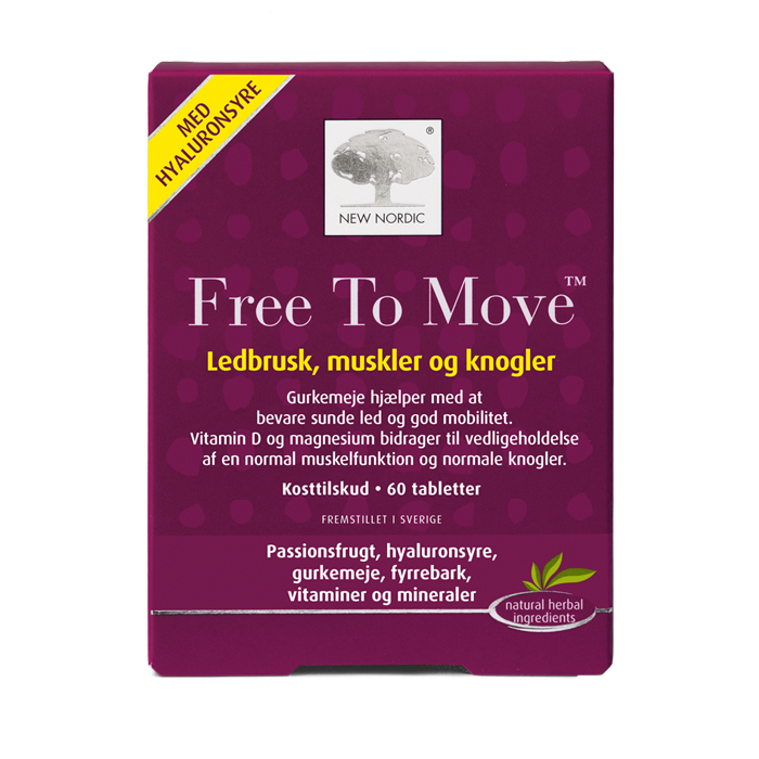 di_webpackshot_freetomove_60_dk New Nordic Free To Move™ kosttilskud med hyaluronsyre, gurkemeje, vitaminer og mineraler, udviklet til at understøtte ledbrusk, muskler, knogler og bevægelighed.