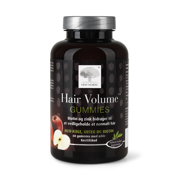 di_webpackshot_hairvolumeGUMMIES_60_dk_front New Nordic Hair Volume™-gummibonbons med æble, urter og biotin. Biotin og zink bidrager til at opretholde normalt hår.