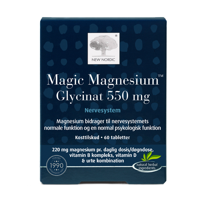 New Nordic Magic Magnesium Glycinat 550 mg™ med magnesium, B-vitaminer, D-vitamin og urter, hvor magnesium bidrager til nervesystemets normale funktion og en normal psykisk funktion.