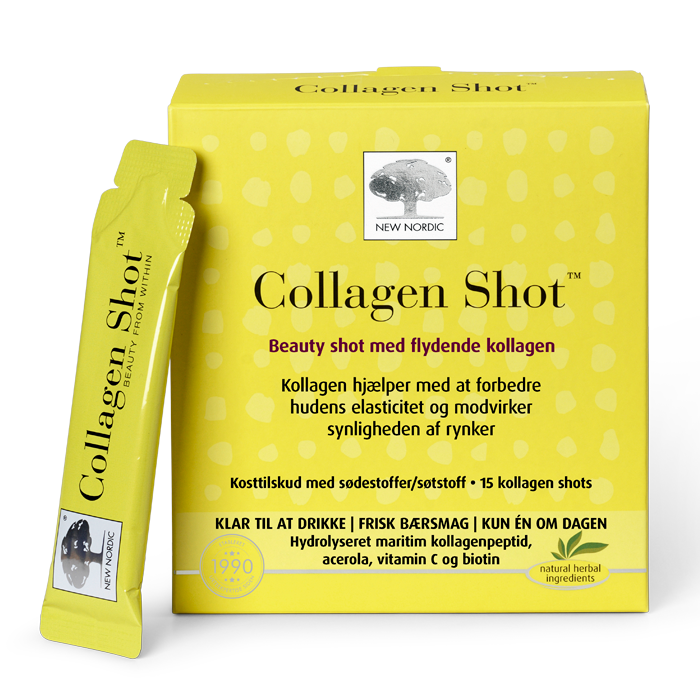 web_packshot_collagenshot_15_DKNO New Nordic Collagen Shot™ med flydende kollagen, acerola, C-vitamin og biotin bidrager til at forbedre hudens elasticitet og mindsker synligheden af rynker.