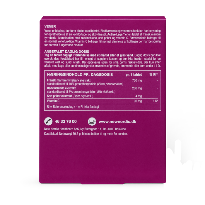 Bagsiden af New Nordic Active Legs™-pakken med produktoplysninger, ingrediensliste og anbefalet daglig dosis.