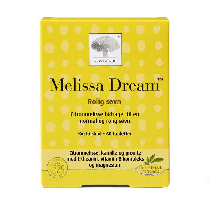 di_webpackshot_melissa_dream_60_dk_1 New Nordic Melissa Dream™ med citronmelisse, kamille, grøn te, L-theanin, magnesium og B-vitaminer, hvor citronmelisse bidrager til en normal og rolig søvn.