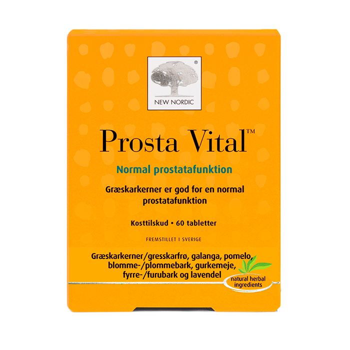 di_webpackshot_prosta_vital_60_dk New Nordic Prosta Vital™ med græskarkerner, galanga, gurkemeje og planteekstrakter, hvor græskarkernerne bidrager til en normal prostatafunktion.