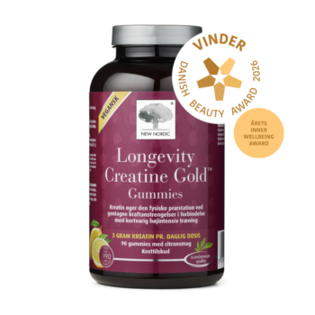 New Nordic Longevity Creatine Gold™ Gummies med kreatin, som øger den fysiske præstation ved gentagne kraftanstrengelser i forbindelse med kortvarig højintensiv træning, udmærket med Danish Beauty Award 2026-vinderbadget.