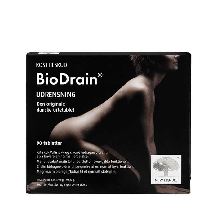 di_webpackshot_biodrain_90_dk_front New Nordic BioDrain® 90 tabletter med artiskok, marietidsel og cholin bidrager til at opretholde en normal leverfunktion og fordøjelse.