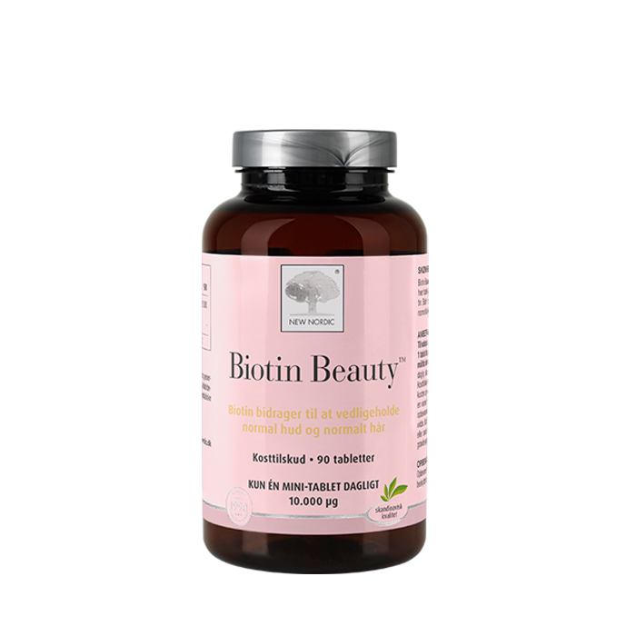 di_webpackshot_biotinbeauty_90_dk_new New Nordic Biotin Beauty™ med biotin bidrager til at opretholde en normal hud og normalt hår.