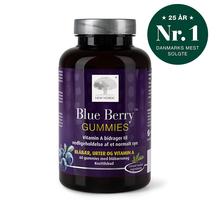 di_webpackshot_blueberryGUMMIES_60_dk_splash New Nordic Blue Berry Gummies™ med blåbær, urter og A-vitamin bidrager til at opretholde et normalt syn.