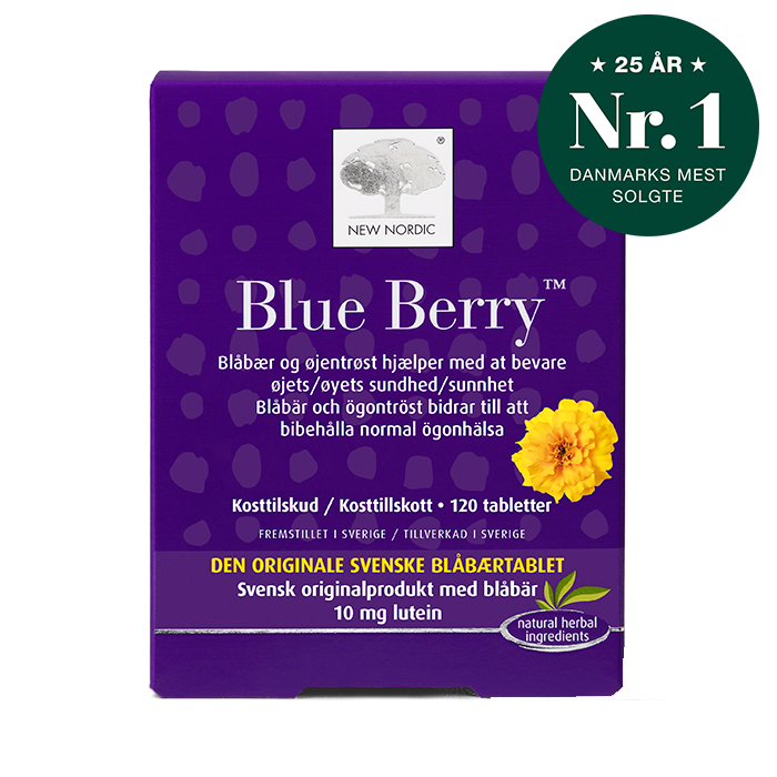 di_webpackshot_blueberry_plus_60_dk_splash New Nordic Blue Berry™ med blåbær, øjentrøst og lutein bidrager til at bevare øjets sundhed.