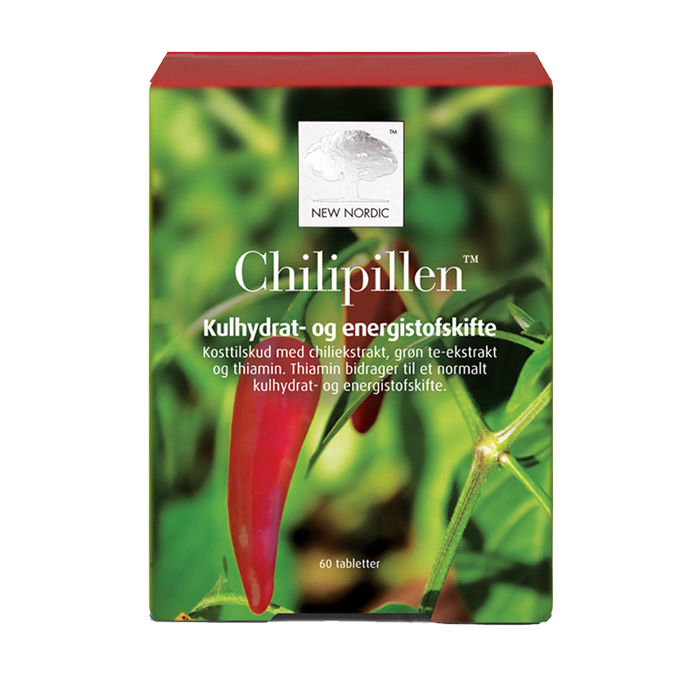 di_webpackshot_chilipillen_60_dk_front New Nordic Chilipillen™ med chili-ekstrakt, grøn te-ekstrakt og thiamin bidrager til et normalt kulhydrat- og energistofskifte.