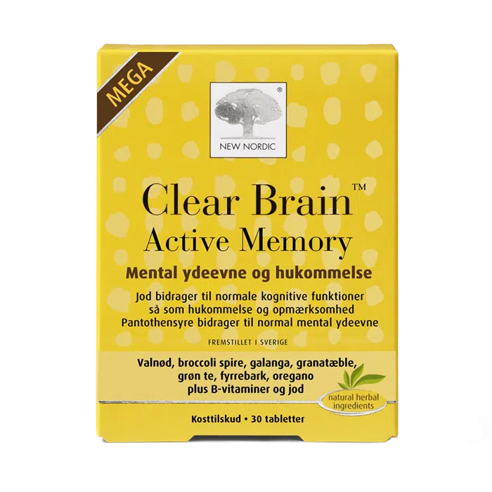di_webpackshot_clearbrain_activememory_dk New Nordic Clear Brain Active Memory™ med valnød, broccolispirer, galanga, granatæble, grøn te, fyrrebark, B-vitaminer og jod bidrager til normale kognitive funktioner som hukommelse og opmærksomhed samt normal mental ydeevne.