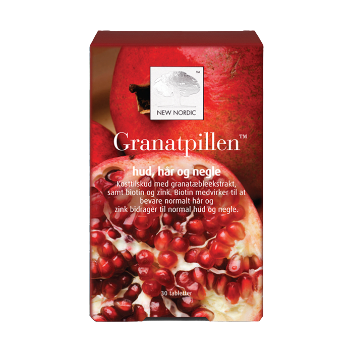 di_webpackshot_granatpillen_dk New Nordic Granatpillen™ er et kosttilskud med granatæbleekstrakt, biotin og zink, der er udviklet til at understøtte hud, hår og negle med fokus på daglig skønhedspleje indefra.