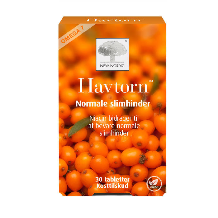 di_webpackshot_havtorn_dk New Nordic Havtorn™ med omega-7 og havtornbær, hvor niacin bidrager til at opretholde normale slimhinder, vist på emballagen med et nærbillede af orange havtornbær.