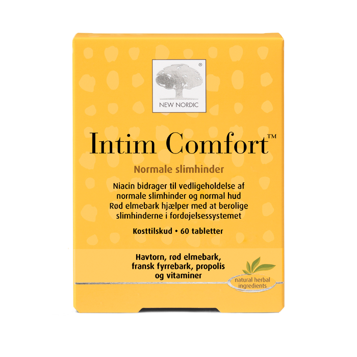 di_webpackshot_intimcomfort_60_dk New Nordic Intim Comfort™ med havtorn, rød elmebark og vitaminer, hvor niacin bidrager til at opretholde normale slimhinder og normal hud.