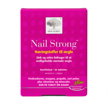 New Nordic Nail Strong™ med zink, selen, vindruekerner, oregano og propolis, hvor zink og selen bidrager til at opretholde normale negle.