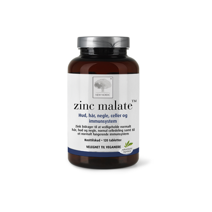 di_webpackshot_zincmalate_120_dk New Nordic Zinc Malate™ indeholder zink, som bidrager til at opretholde normal hud, hår og negle, understøtter immunsystemets normale funktion og spiller en rolle i celledelingsprocessen.