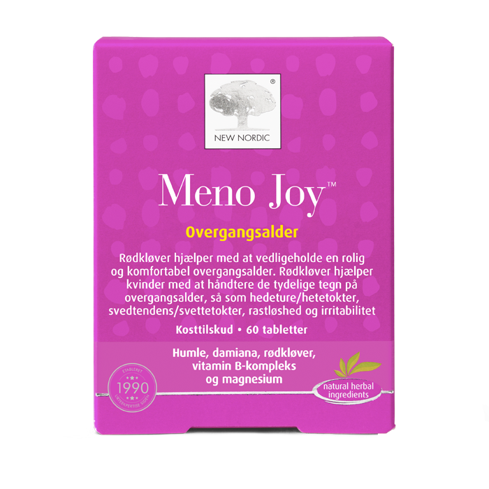 di_webpackshot_menojoy_60_dk_NEW New Nordic Meno Joy™ med rødkløver, humle, damiana, magnesium og B-vitaminer, hvor rødkløver hjælper med at lindre almindelige overgangsalder-symptomer som hedeture, svedtendens og irritabilitet.